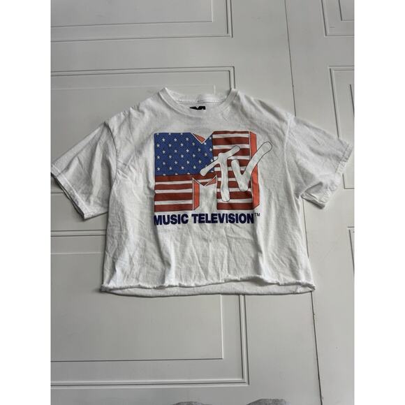 MTV Tops - MTV Music Television Womens American Flag Crop Top White Short Sleeve Medium